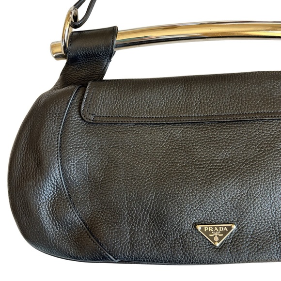 Prada Black Leather Silver Metal Top Handle Bar 2 in 1 Shoulder Bag to Clutch - Picture 10 of 17